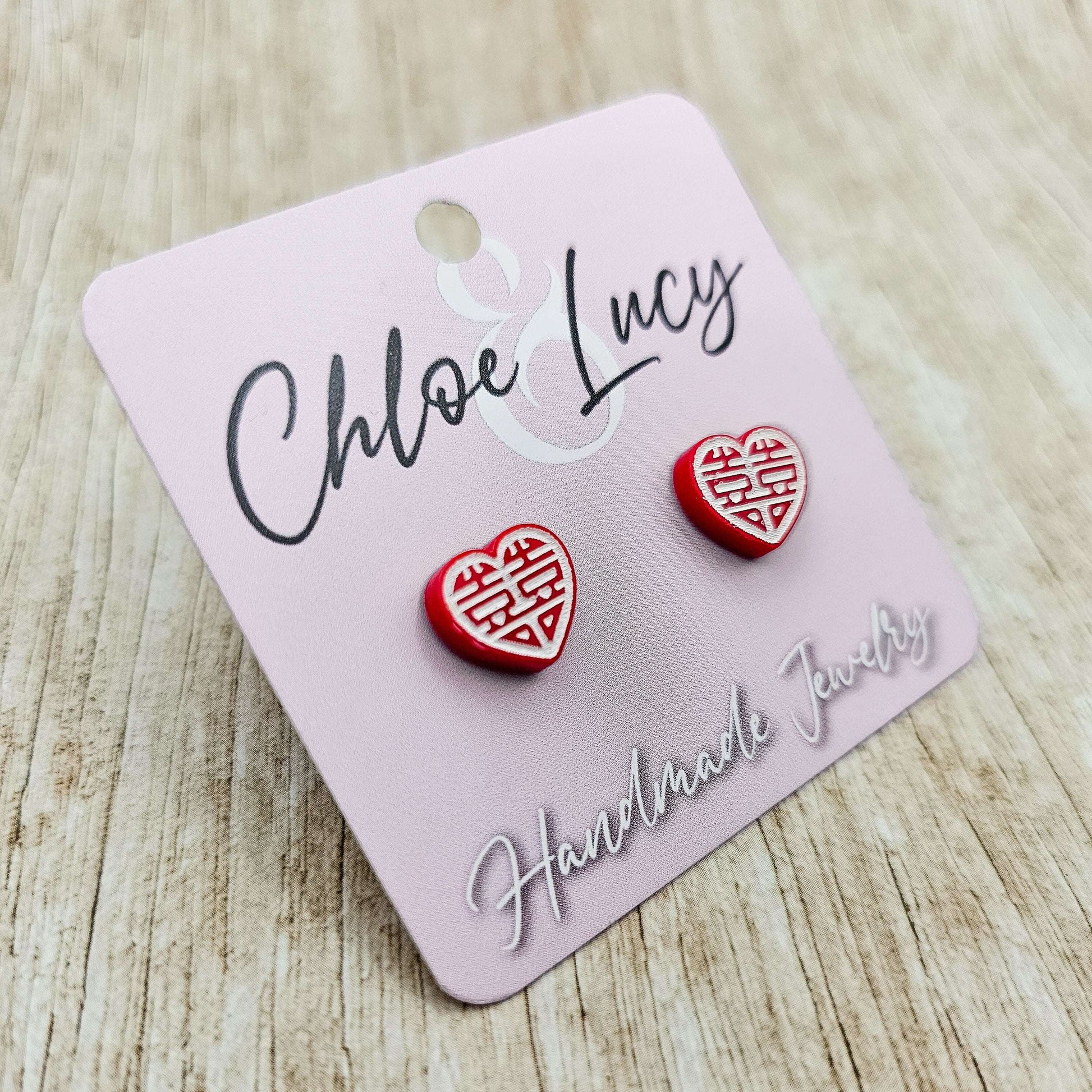 Double Happiness Heart Earrings | Chinese Marriage Symbol Studs | 囍 Double Happy Calligraphy