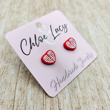 Double Happiness Heart Earrings | Chinese Marriage Symbol Studs | 囍 Double Happy Calligraphy
