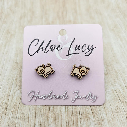 Engraved Wood Pig Earrings with Stainless Steel Posts, Cute Farm Animal Jewelry, Hypoallergenic Stud Earrings, Rustic Gift Idea