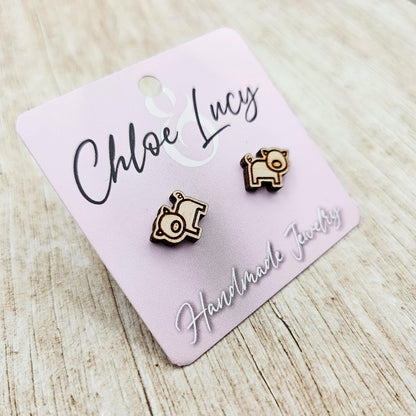 Engraved Wood Pig Earrings with Stainless Steel Posts, Cute Farm Animal Jewelry, Hypoallergenic Stud Earrings, Rustic Gift Idea
