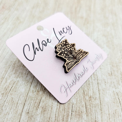 Books and Flowers Wood Lapel Pin: Book Lover Gift