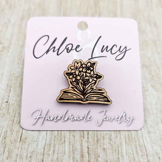 Books and Flowers Wood Lapel Pin: Book Lover Gift