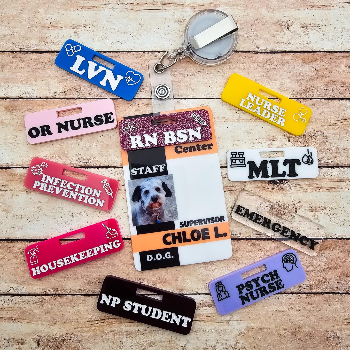 Custom Personalized Over Badge Buddy with Optional Illustrations | Lightweight Badge Tag | Small Badge Topper | Personalized ID Reel
