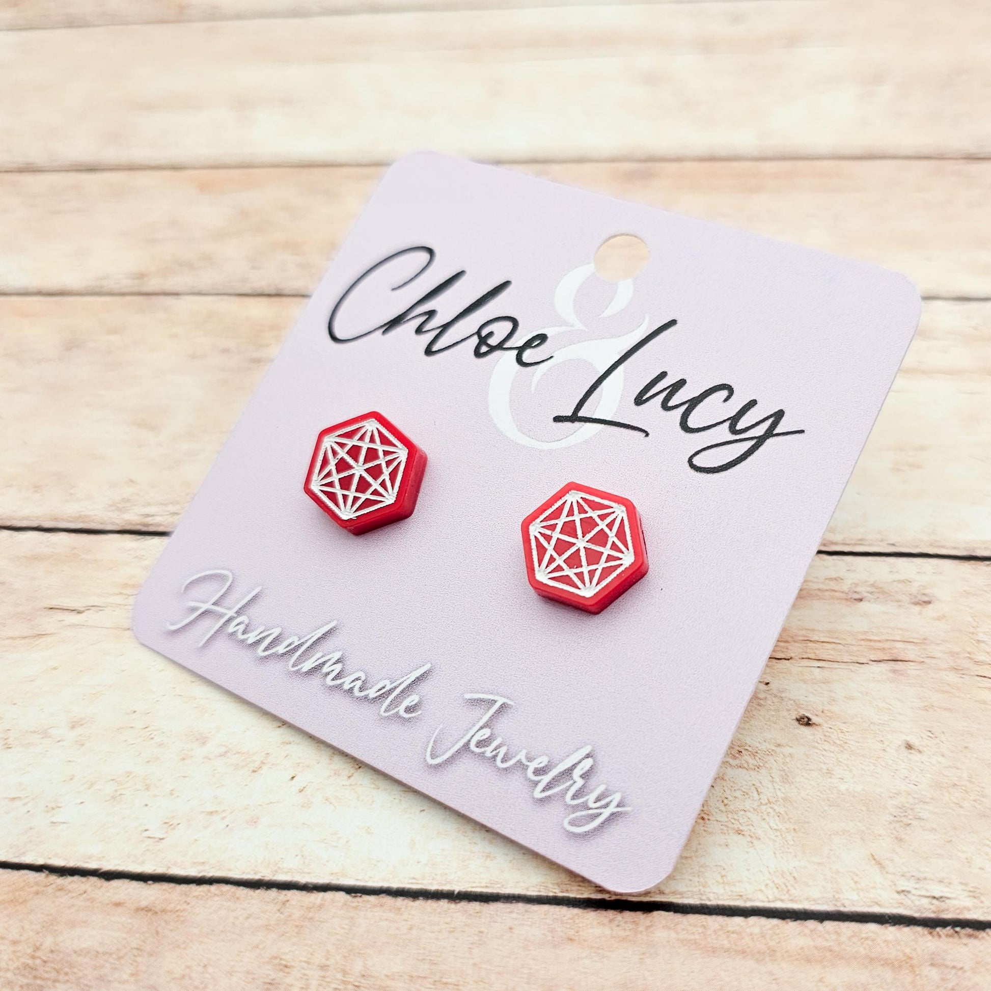 Red Geometric Stud Earrings Hexagonal Star