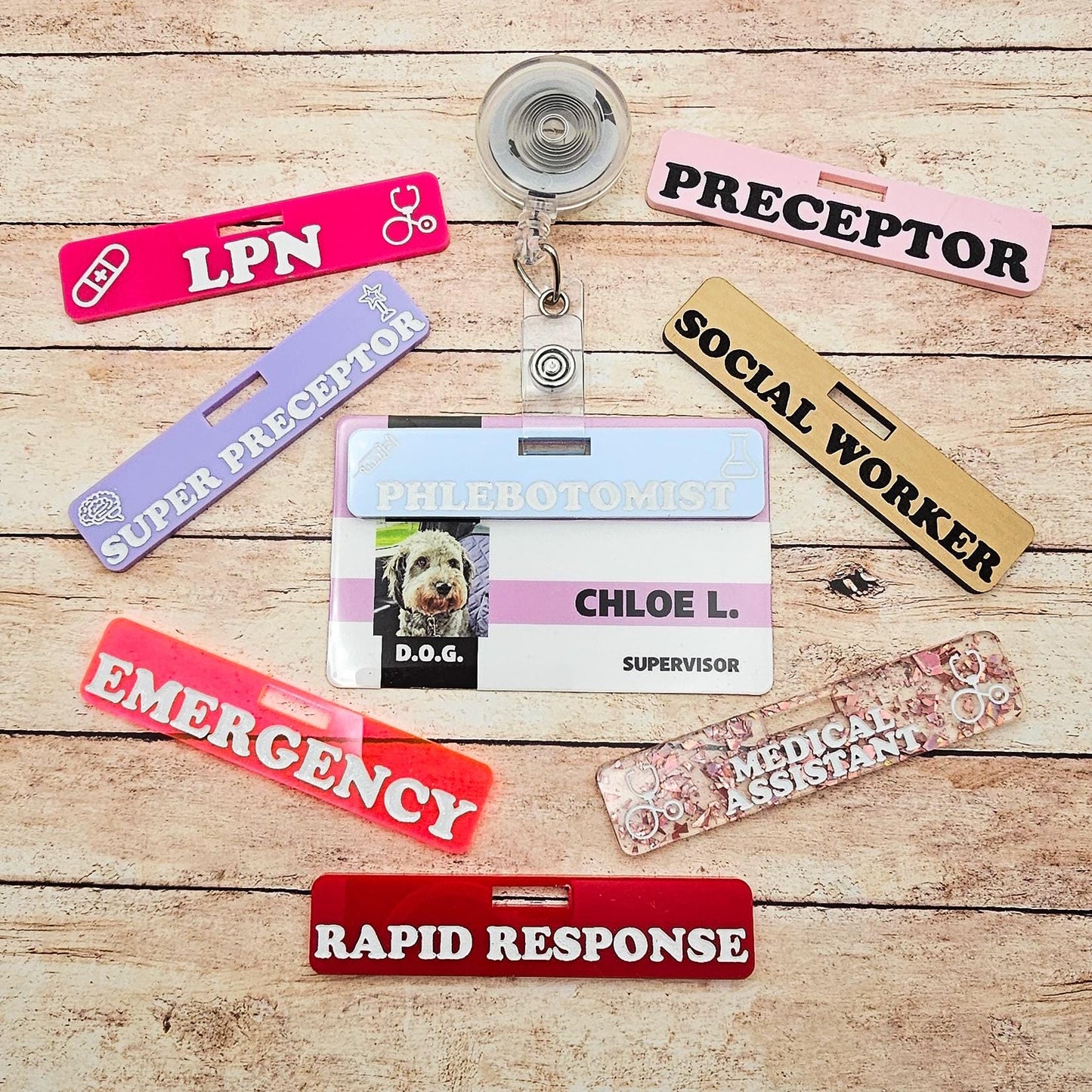 Horizontal Custom Over Badge Buddy with Optional Illustrations | Lightweight Badge Tag | Small Badge Topper | Personalized ID Reel