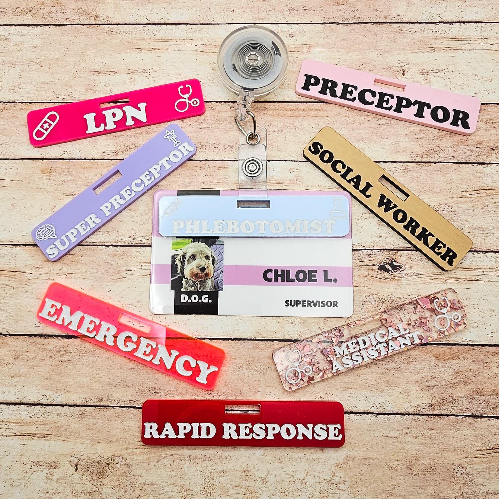 Horizontal Custom Over Badge Buddy with Optional Illustrations | Lightweight Badge Tag | Small Badge Topper | Personalized ID Reel