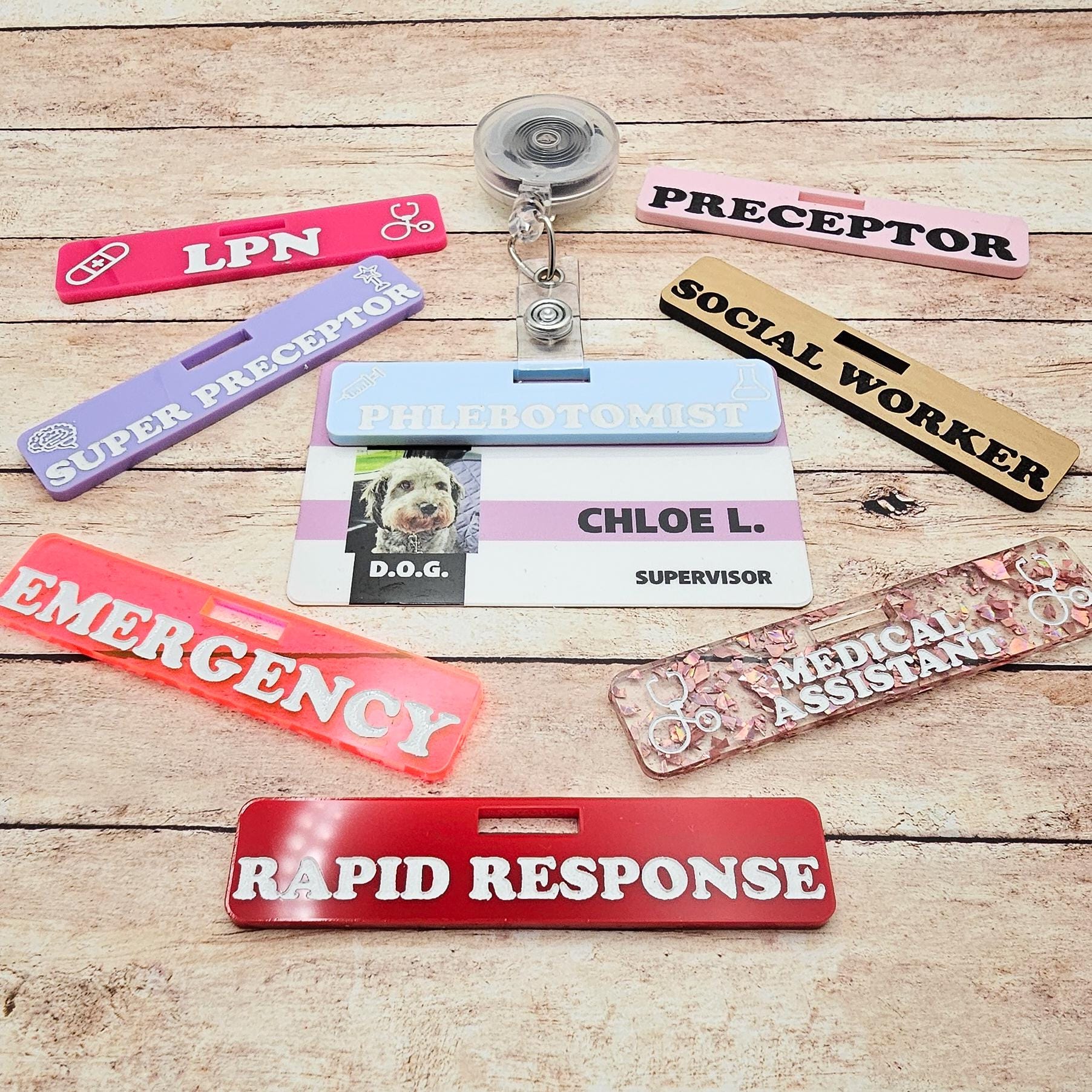 Horizontal Custom Over Badge Buddy with Optional Illustrations | Lightweight Badge Tag | Small Badge Topper | Personalized ID Reel