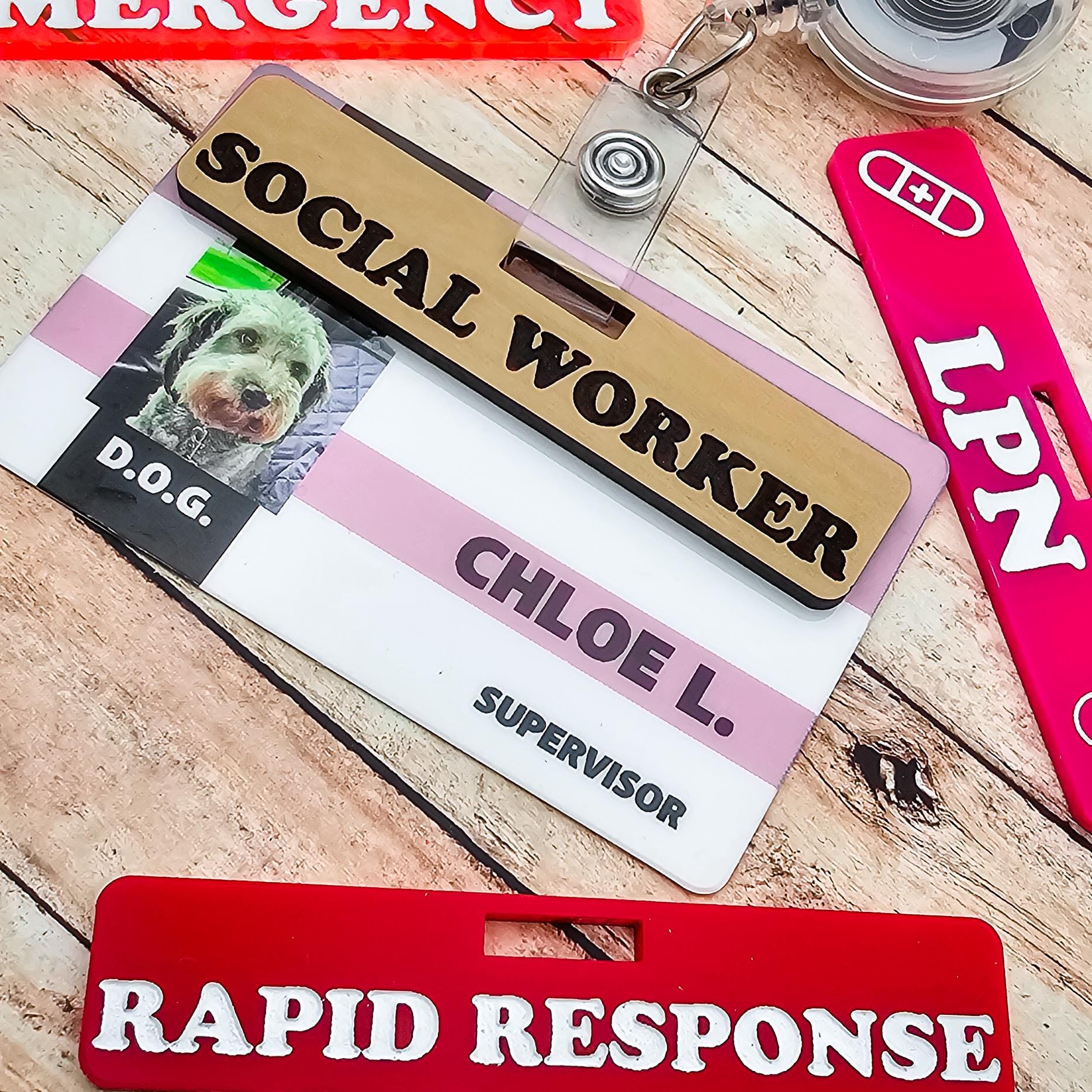 Horizontal Custom Over Badge Buddy with Optional Illustrations | Lightweight Badge Tag | Small Badge Topper | Personalized ID Reel