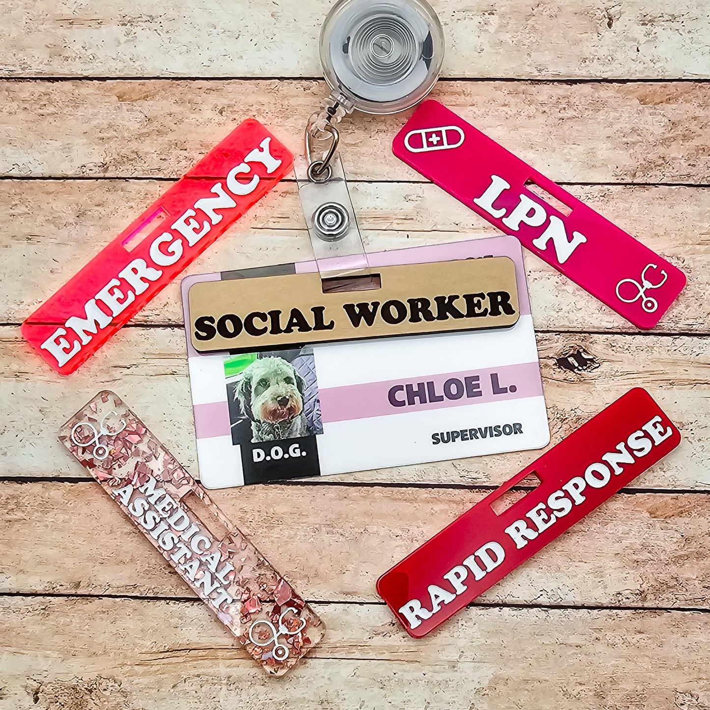 Horizontal Custom Over Badge Buddy with Optional Illustrations | Lightweight Badge Tag | Small Badge Topper | Personalized ID Reel