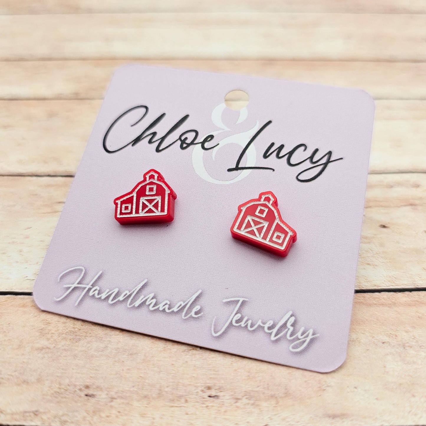 Red Barn Stud Earrings: Rustic Farmhouse Acrylic Jewelry, Handmade Country Style
