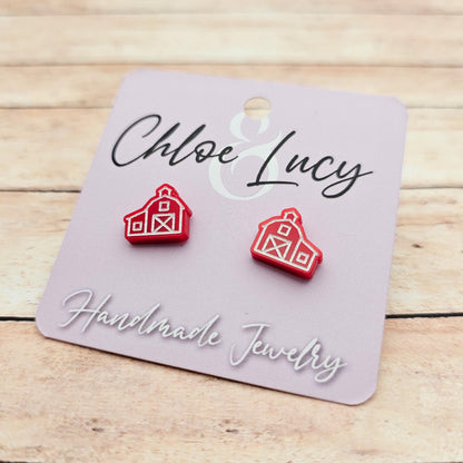 Red Barn Stud Earrings: Rustic Farmhouse Acrylic Jewelry, Handmade Country Style