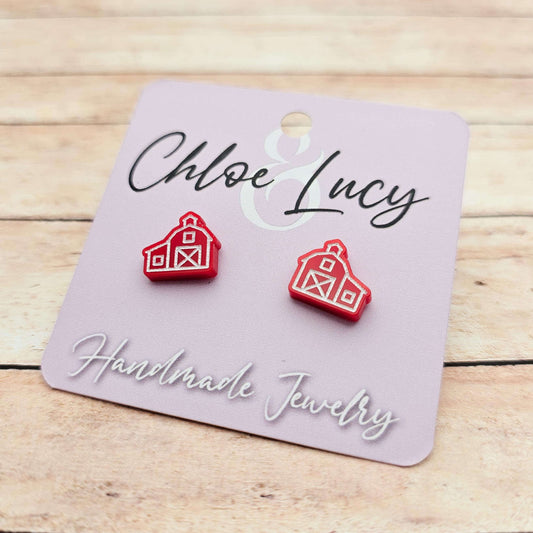 Red Barn Stud Earrings: Rustic Farmhouse Acrylic Jewelry, Handmade Country Style