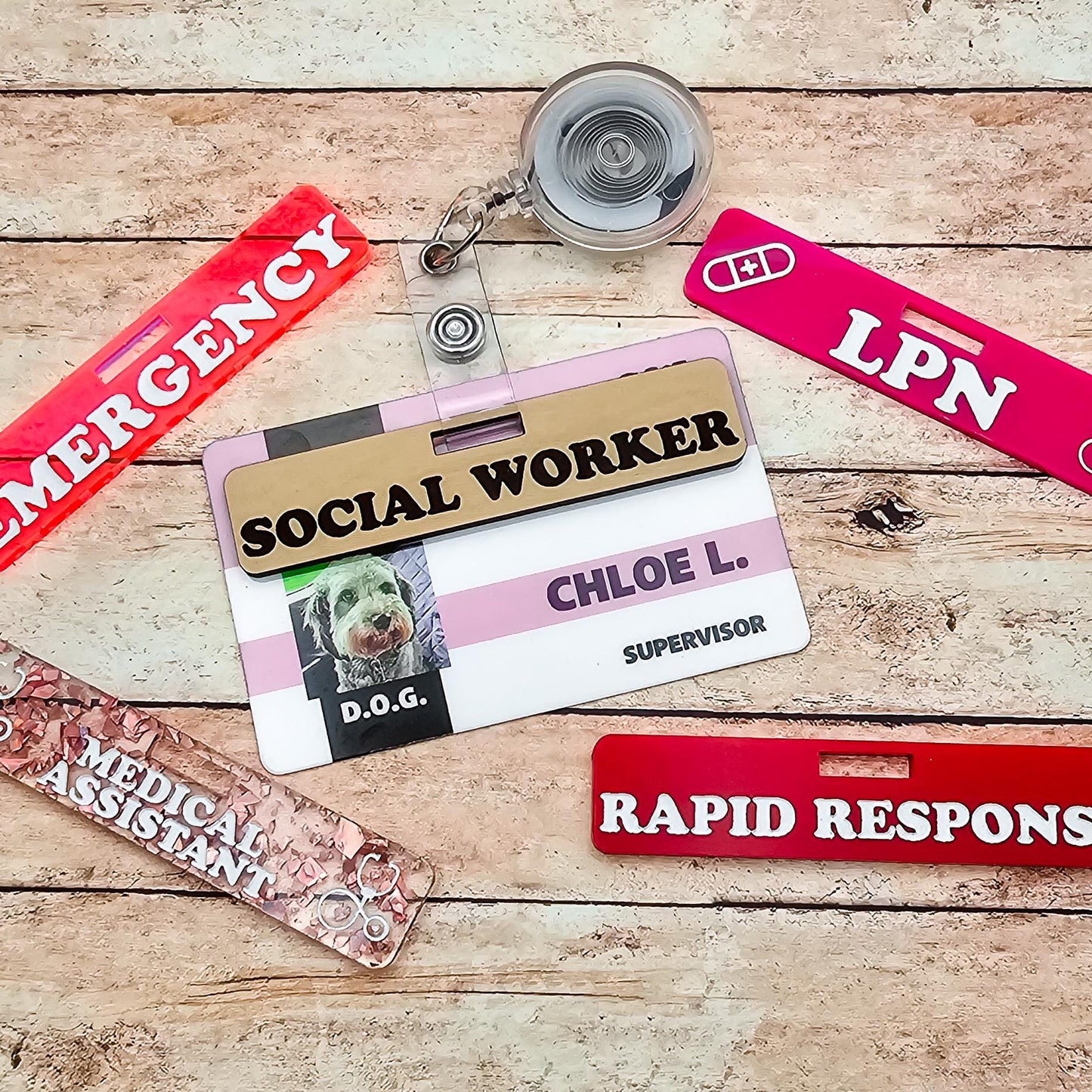 Horizontal Custom Over Badge Buddy with Optional Illustrations | Lightweight Badge Tag | Small Badge Topper | Personalized ID Reel