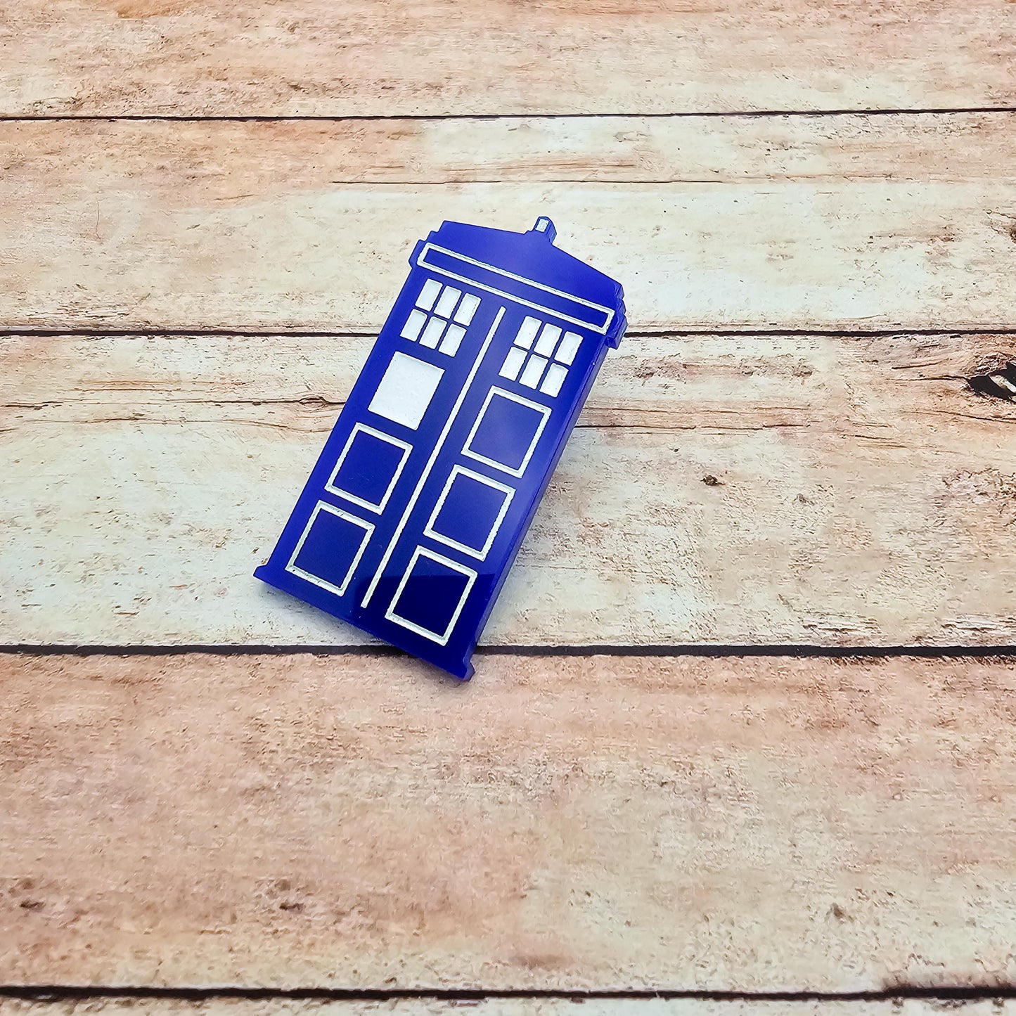 TARDIS Inspired Lapel Pin Blue Acrylic Police Box Pinback, Doctor Who Style Sci Fi Brooch, Geek Fandom Gift, Engraved Acrylic Pin Badge