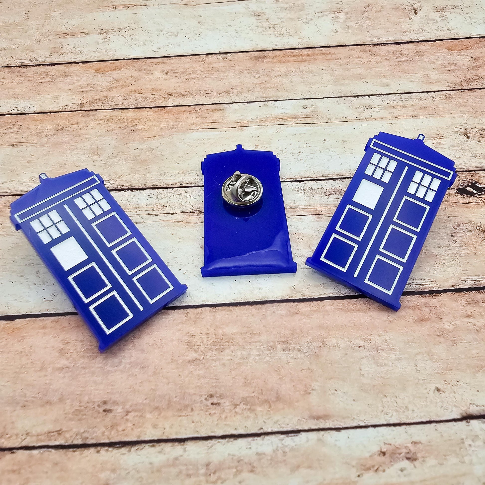 TARDIS Inspired Lapel Pin Blue Acrylic Police Box Pinback, Doctor Who Style Sci Fi Brooch, Geek Fandom Gift, Engraved Acrylic Pin Badge