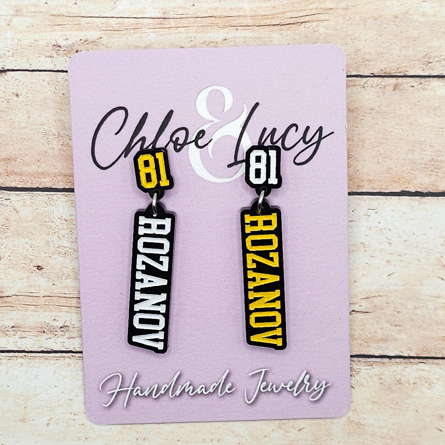 Ilya Rozanov 81 Dangle Earrings Black Acrylic Gold White Engraved Number 81 Bookish Fandom Jewelry Gift Hockey Romance Fans