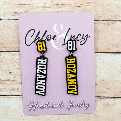 Ilya Rozanov 81 Dangle Earrings Black Acrylic Gold White Engraved Number 81 Bookish Fandom Jewelry Gift Hockey Romance Fans
