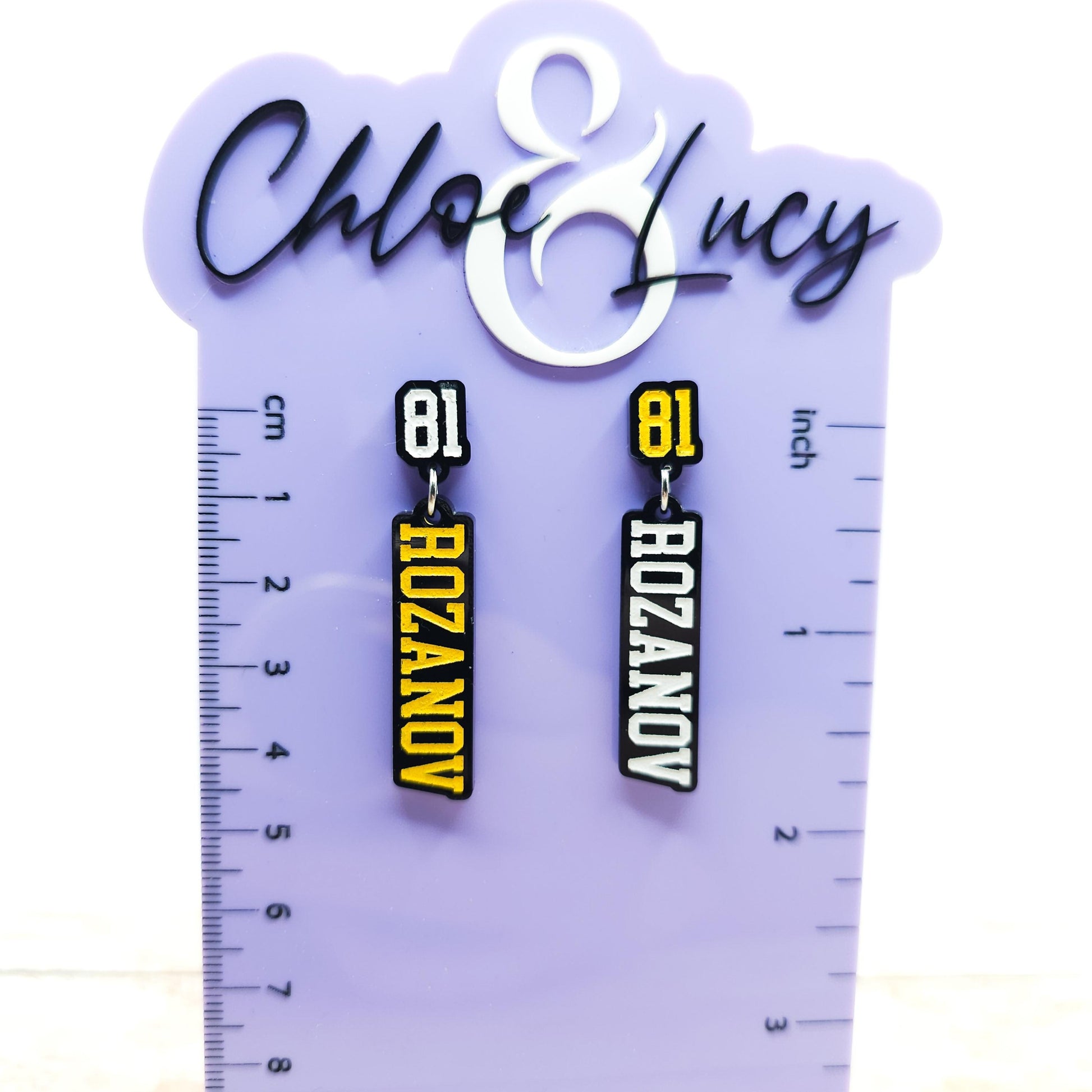 Ilya Rozanov 81 Dangle Earrings Black Acrylic Gold White Engraved Number 81 Bookish Fandom Jewelry Gift Hockey Romance Fans