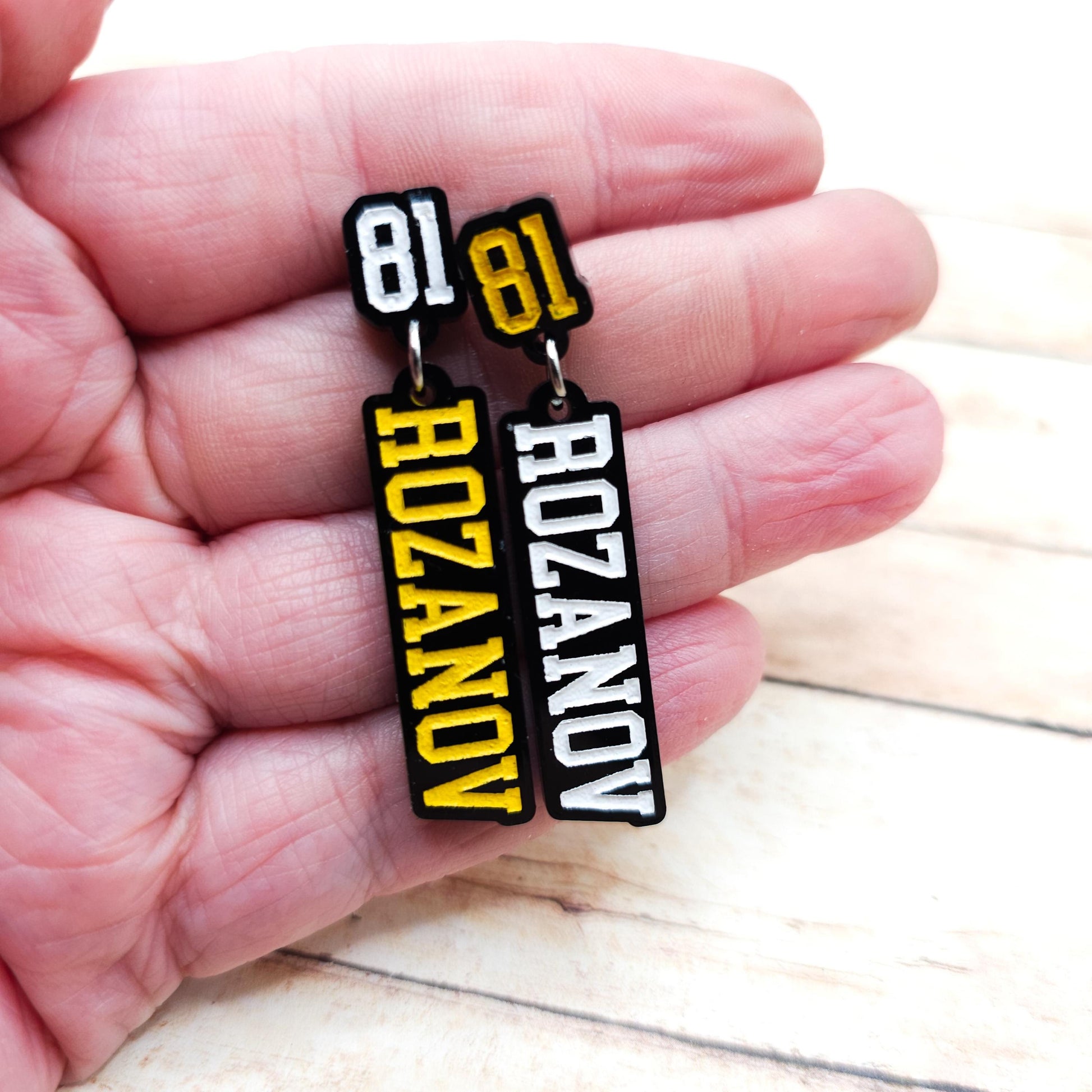 Ilya Rozanov 81 Dangle Earrings Black Acrylic Gold White Engraved Number 81 Bookish Fandom Jewelry Gift Hockey Romance Fans