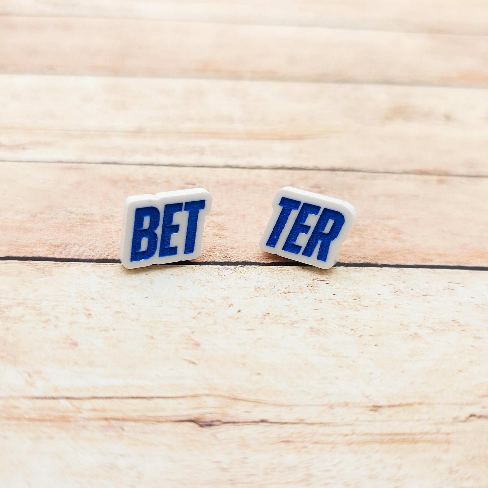 Heated Rivalry "Better" Stud Earrings Bet-ter White Acrylic Blue Engraved Quote Funny Bookish Jewelry Gift Hockey Romance Fans Cute Pair