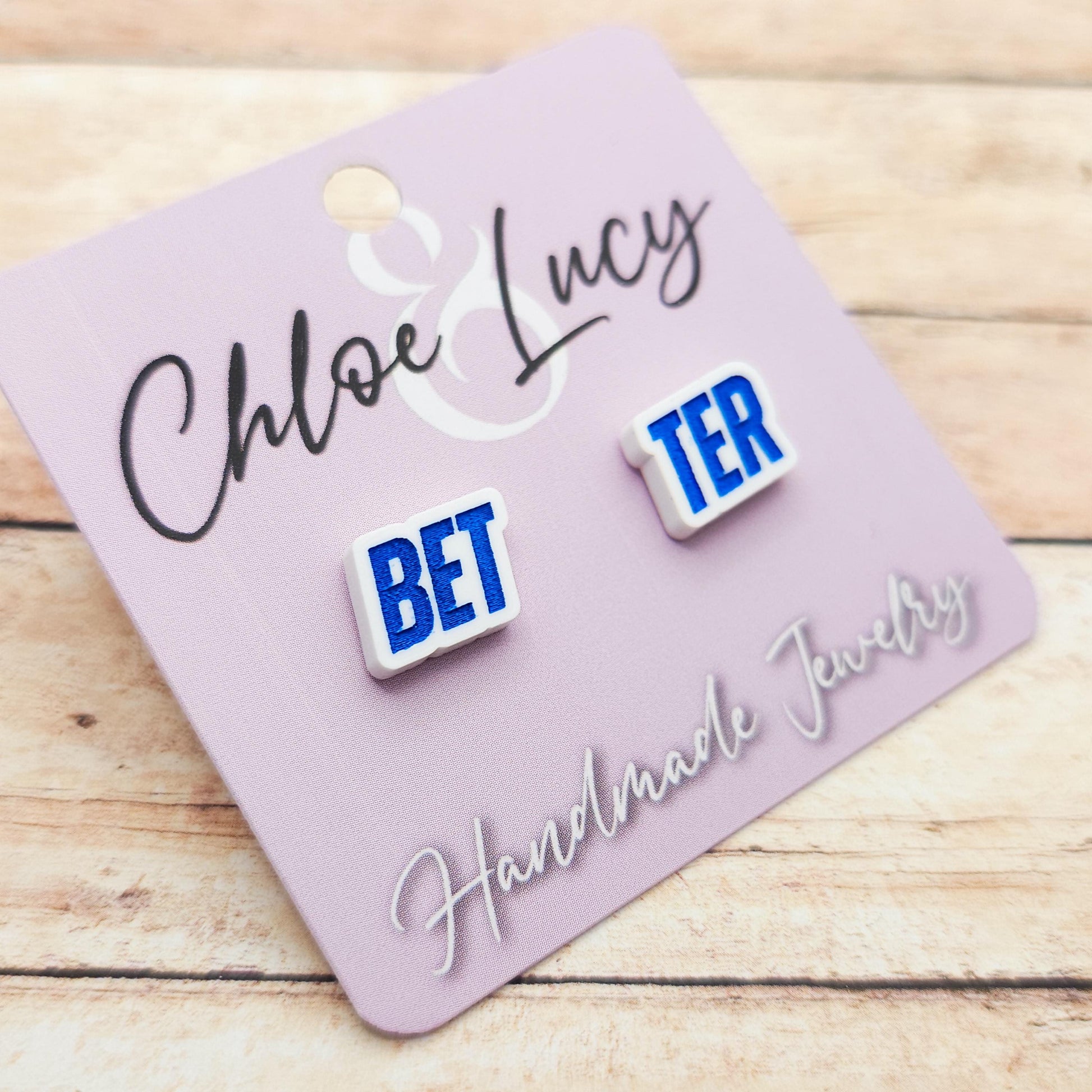 Heated Rivalry "Better" Stud Earrings Bet-ter White Acrylic Blue Engraved Quote Funny Bookish Jewelry Gift Hockey Romance Fans Cute Pair