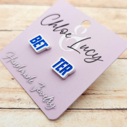 Heated Rivalry "Better" Stud Earrings Bet-ter White Acrylic Blue Engraved Quote Funny Bookish Jewelry Gift Hockey Romance Fans Cute Pair