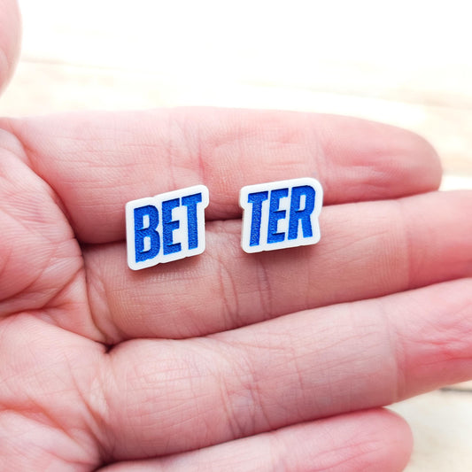 Heated Rivalry "Better" Stud Earrings Bet-ter White Acrylic Blue Engraved Quote Funny Bookish Jewelry Gift Hockey Romance Fans Cute Pair