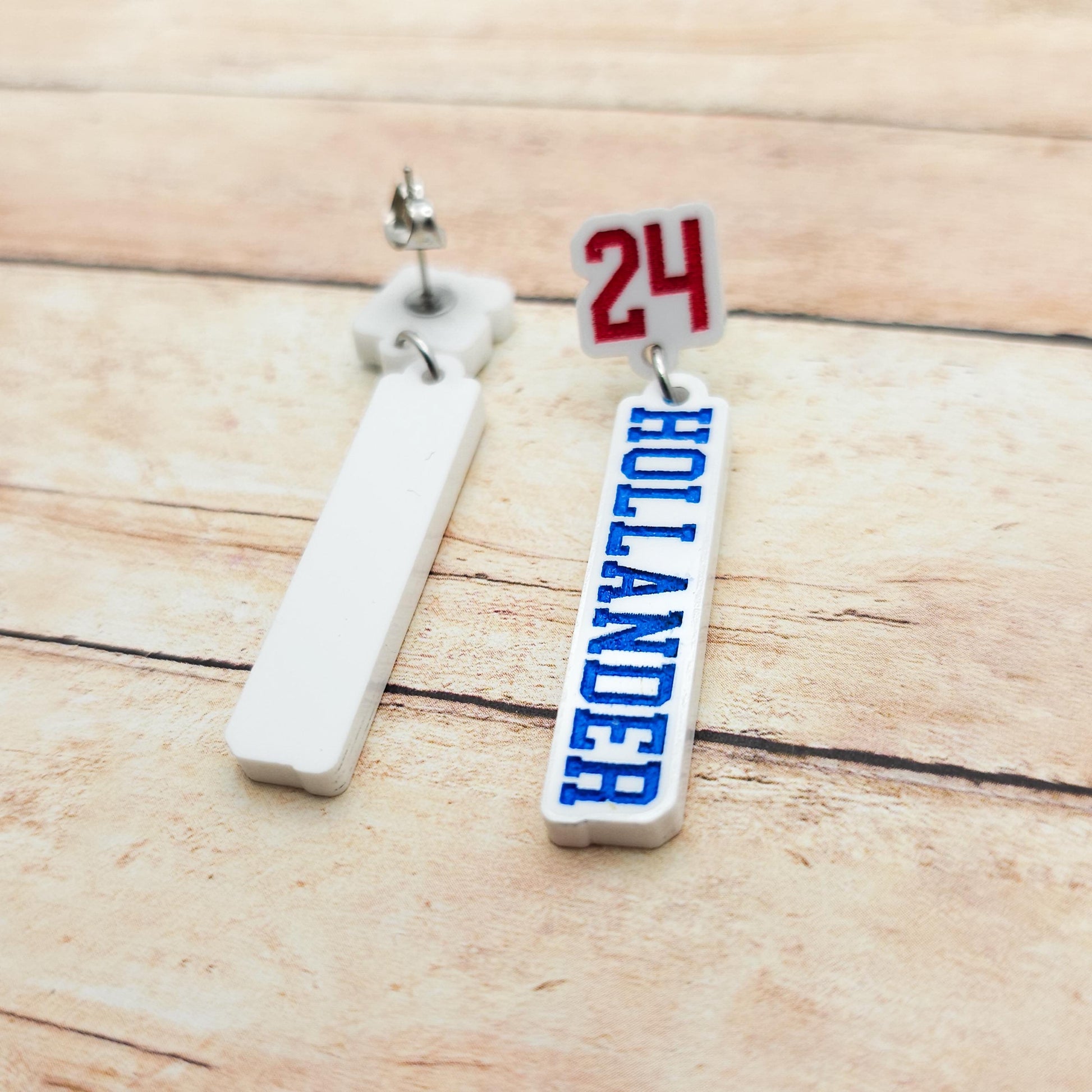 Shane Hollander 24 Dangle Earrings White Acrylic Blue Red Engraved Number 24 Bookish Fandom Jewelry Gift Hockey Romance Fans