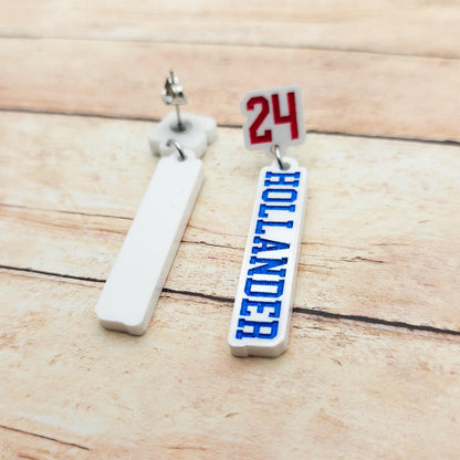 Shane Hollander 24 Dangle Earrings White Acrylic Blue Red Engraved Number 24 Bookish Fandom Jewelry Gift Hockey Romance Fans