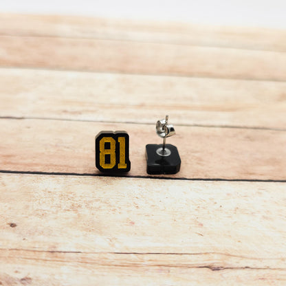 Ilya Rozanov 81 Stud Earrings Black Acrylic Gold White Engraved Heated Rivalry Inspired Hockey Romance Bookish Jewelry Gift Fans