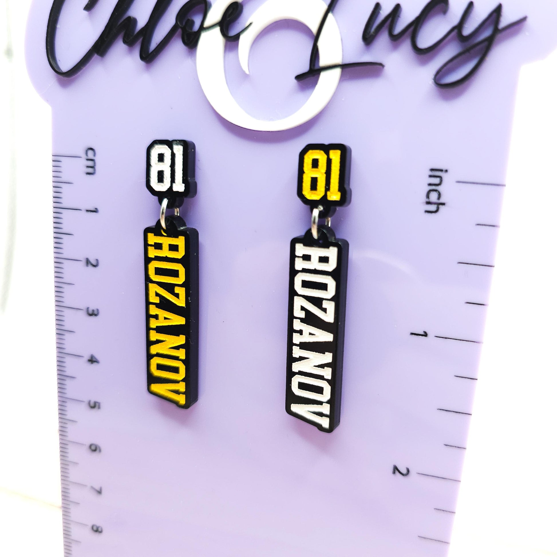 Ilya Rozanov 81 Dangle Earrings Black Acrylic Gold White Engraved Number 81 Bookish Fandom Jewelry Gift Hockey Romance Fans