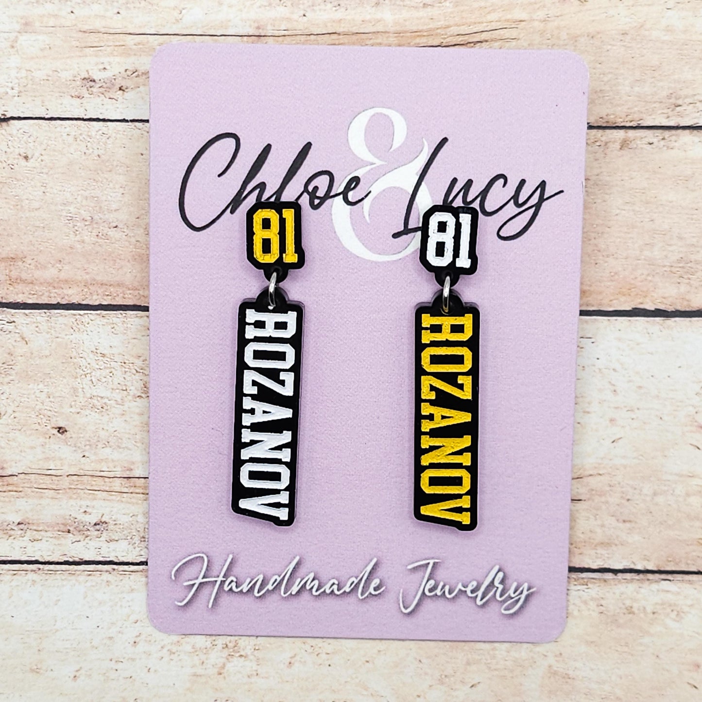 Ilya Rozanov 81 Dangle Earrings Black Acrylic Gold White Engraved Number 81 Bookish Fandom Jewelry Gift Hockey Romance Fans