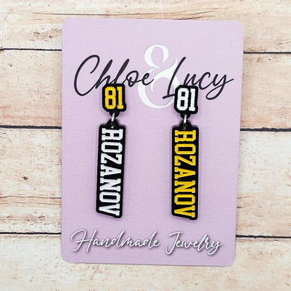 Ilya Rozanov 81 Dangle Earrings Black Acrylic Gold White Engraved Number 81 Bookish Fandom Jewelry Gift Hockey Romance Fans