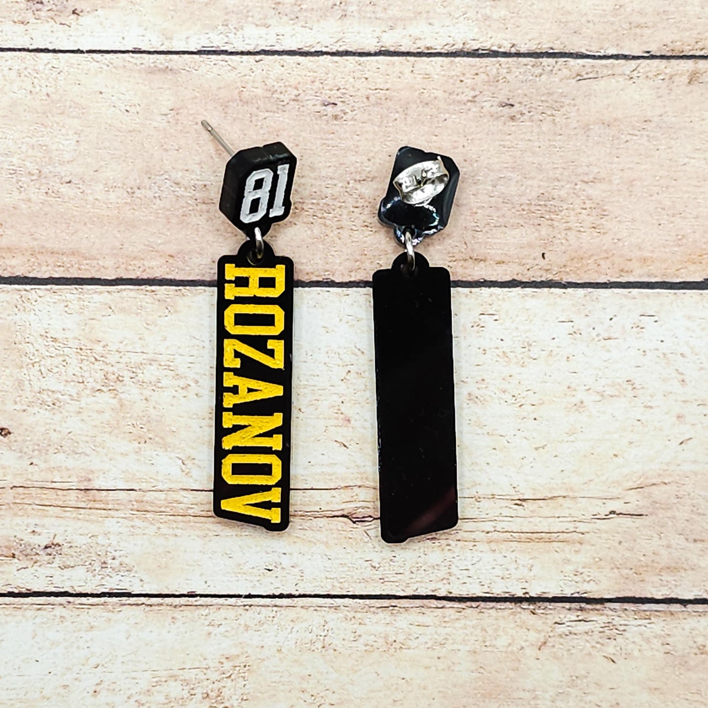 Ilya Rozanov 81 Dangle Earrings Black Acrylic Gold White Engraved Number 81 Bookish Fandom Jewelry Gift Hockey Romance Fans