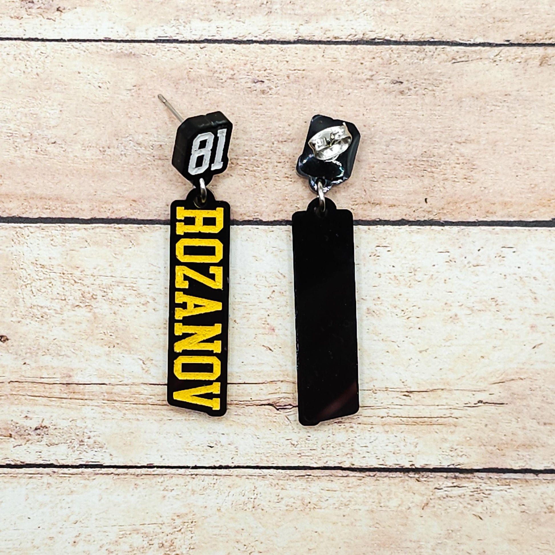 Ilya Rozanov 81 Dangle Earrings Black Acrylic Gold White Engraved Number 81 Bookish Fandom Jewelry Gift Hockey Romance Fans