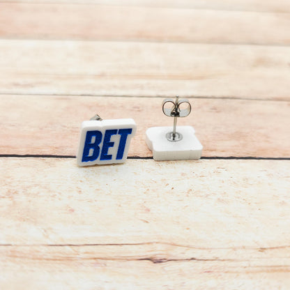Heated Rivalry "Better" Stud Earrings Bet-ter White Acrylic Blue Engraved Quote Funny Bookish Jewelry Gift Hockey Romance Fans Cute Pair