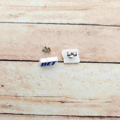 Heated Rivalry "Better" Stud Earrings Bet-ter White Acrylic Blue Engraved Quote Funny Bookish Jewelry Gift Hockey Romance Fans Cute Pair