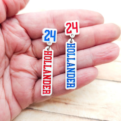 Shane Hollander 24 Dangle Earrings White Acrylic Blue Red Engraved Number 24 Bookish Fandom Jewelry Gift Hockey Romance Fans