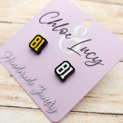 Ilya Rozanov 81 Stud Earrings Black Acrylic Gold White Engraved Heated Rivalry Inspired Hockey Romance Bookish Jewelry Gift Fans