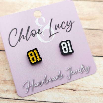 Ilya Rozanov 81 Stud Earrings Black Acrylic Gold White Engraved Heated Rivalry Inspired Hockey Romance Bookish Jewelry Gift Fans