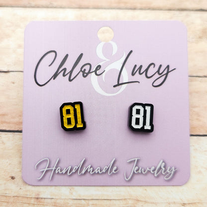 Ilya Rozanov 81 Stud Earrings Black Acrylic Gold White Engraved Heated Rivalry Inspired Hockey Romance Bookish Jewelry Gift Fans