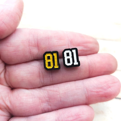 Ilya Rozanov 81 Stud Earrings Black Acrylic Gold White Engraved Heated Rivalry Inspired Hockey Romance Bookish Jewelry Gift Fans