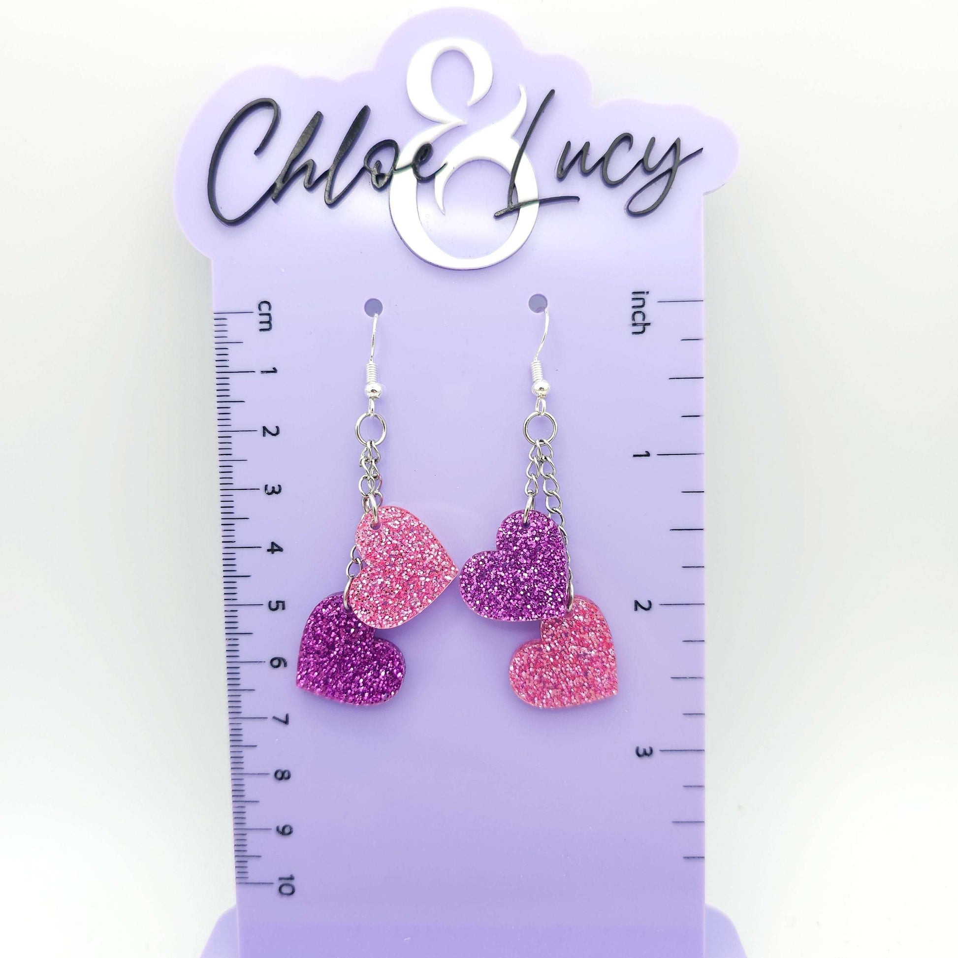 Pink and Purple Heart Dangle Earrings, Glitter Acrylic Heart Earrings, Stainless Steel Hooks, Cute Sparkly Statement Jewelry Gift