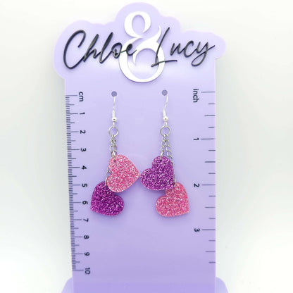 Pink and Purple Heart Dangle Earrings, Glitter Acrylic Heart Earrings, Stainless Steel Hooks, Cute Sparkly Statement Jewelry Gift