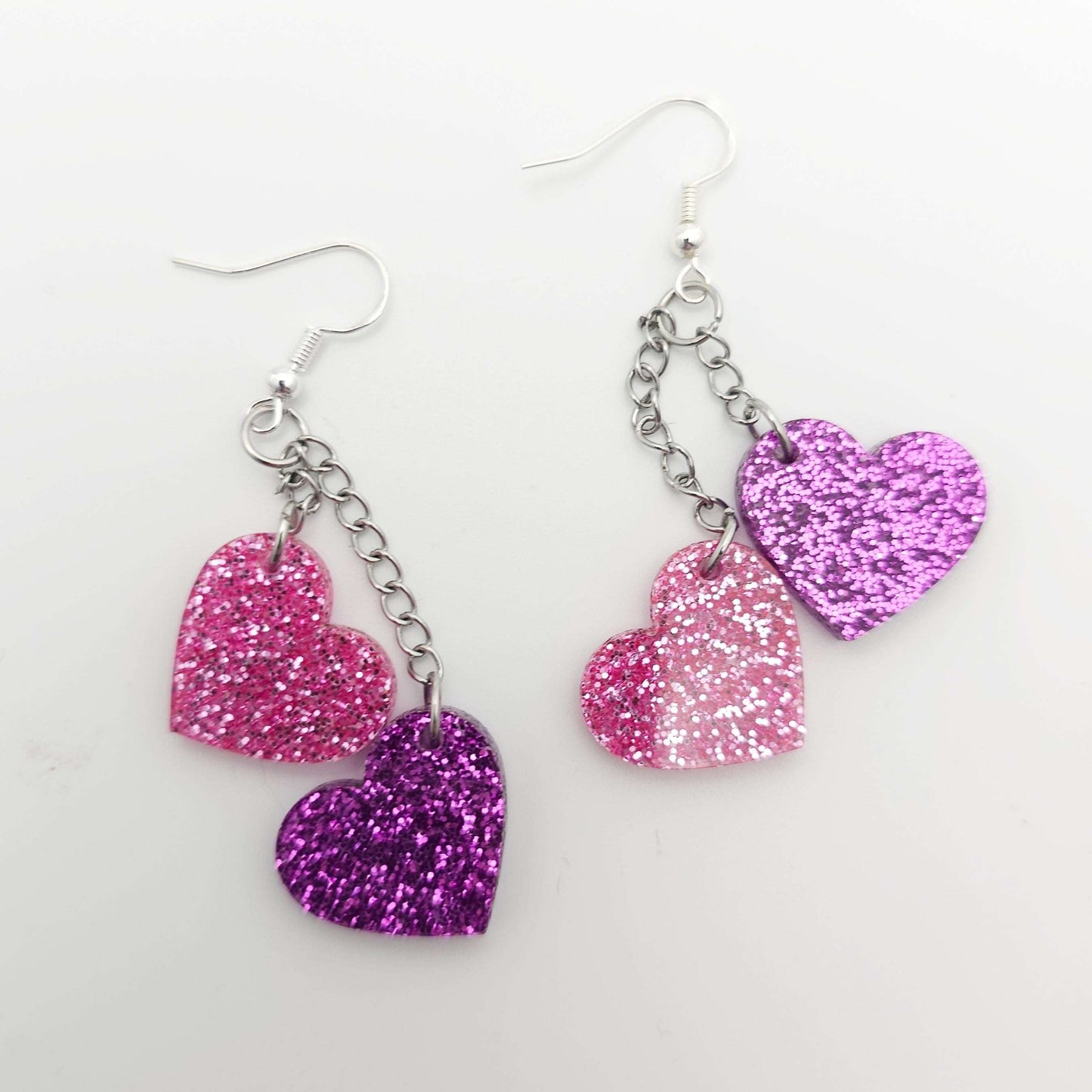 Pink and Purple Heart Dangle Earrings, Glitter Acrylic Heart Earrings, Stainless Steel Hooks, Cute Sparkly Statement Jewelry Gift