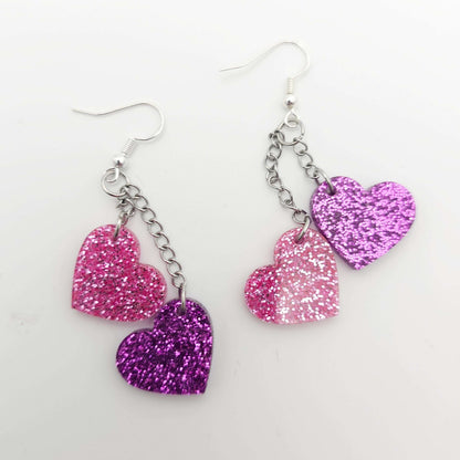 Pink and Purple Heart Dangle Earrings, Glitter Acrylic Heart Earrings, Stainless Steel Hooks, Cute Sparkly Statement Jewelry Gift