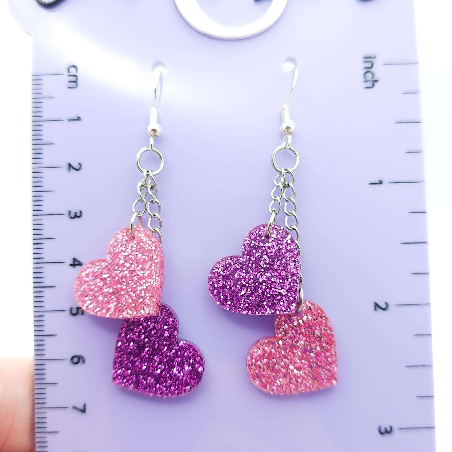 Pink and Purple Heart Dangle Earrings, Glitter Acrylic Heart Earrings, Stainless Steel Hooks, Cute Sparkly Statement Jewelry Gift