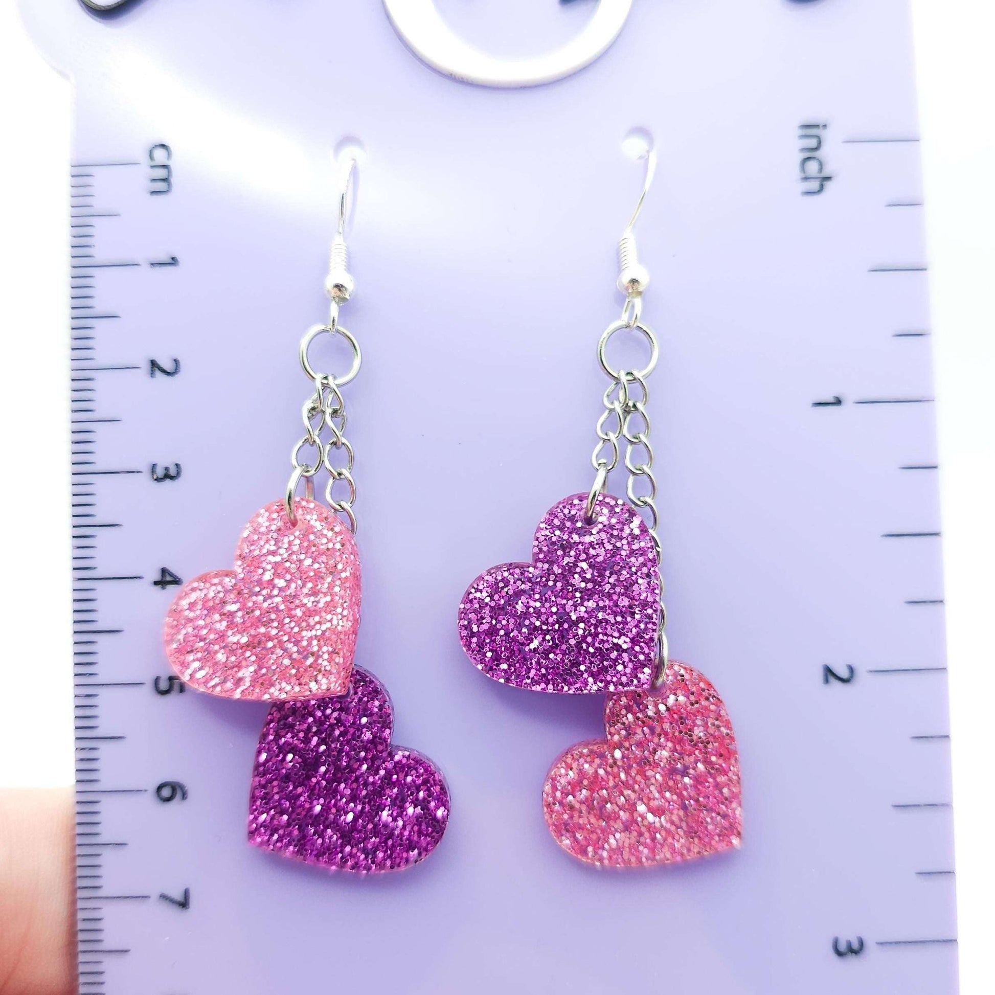 Pink and Purple Heart Dangle Earrings, Glitter Acrylic Heart Earrings, Stainless Steel Hooks, Cute Sparkly Statement Jewelry Gift