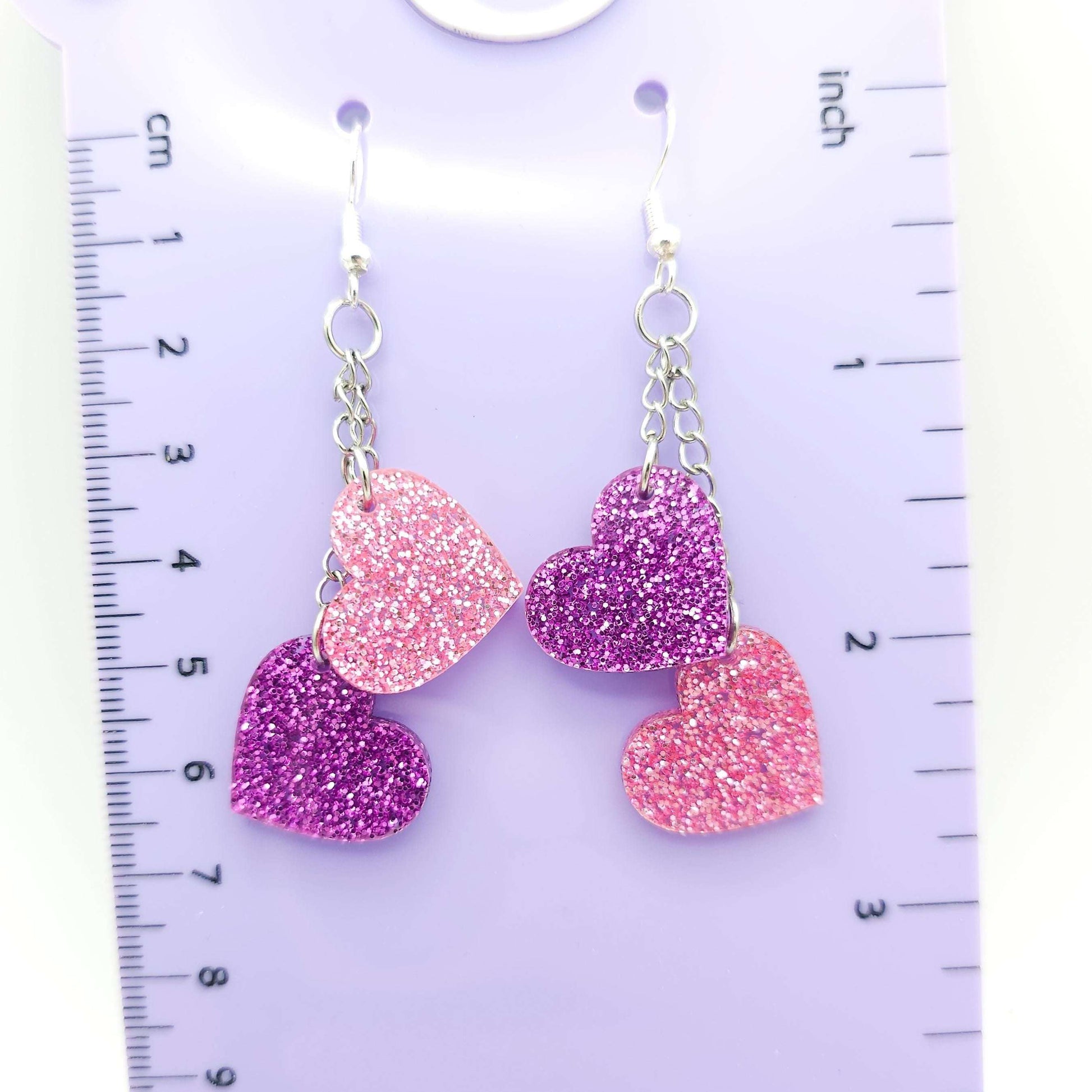 Pink and Purple Heart Dangle Earrings, Glitter Acrylic Heart Earrings, Stainless Steel Hooks, Cute Sparkly Statement Jewelry Gift