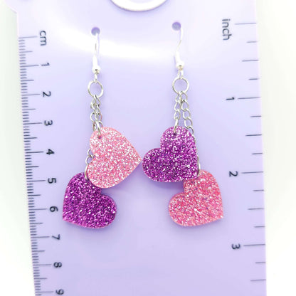 Pink and Purple Heart Dangle Earrings, Glitter Acrylic Heart Earrings, Stainless Steel Hooks, Cute Sparkly Statement Jewelry Gift